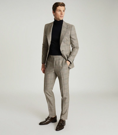 Reiss Wool Checked Slim Fit Trousers In Grey
