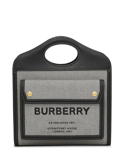Burberry “mini Pocket”logo帆布&皮革托特包 In Black/ Tan