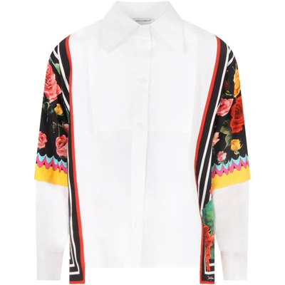 Dolce & Gabbana Kids' White Shirt For Girl With Iconic Flowers In Variante Abbinata