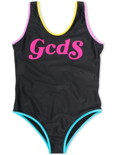 Gcds Mini Kids' One Piece Swimsuit With Print In Black