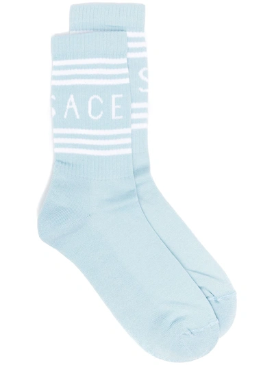 Versace Logo-print Ribbed Socks In Blue