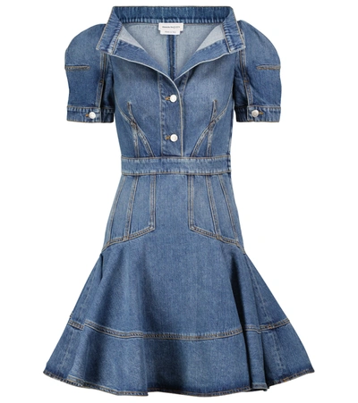 Alexander Mcqueen Foldover-neck Denim Minidress In Medium Wash