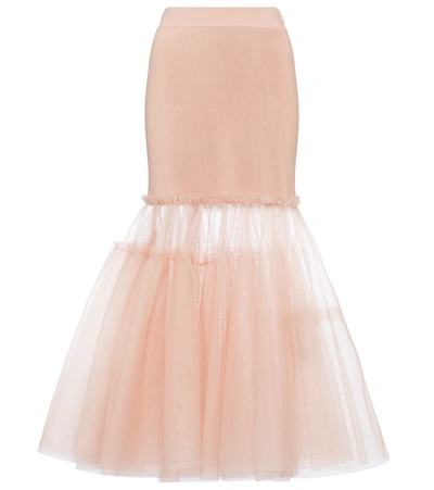 Alexander Mcqueen Ribbed Knit Tulle Panel Skirt In Pink