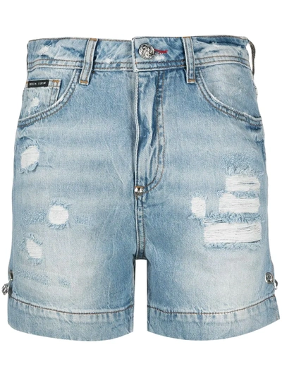 Philipp Plein Iconic Pins Denim Shorts In Blue