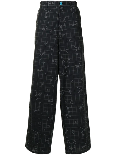Undercover Splattered Grid-print Cotton Wide-leg Trousers In Black
