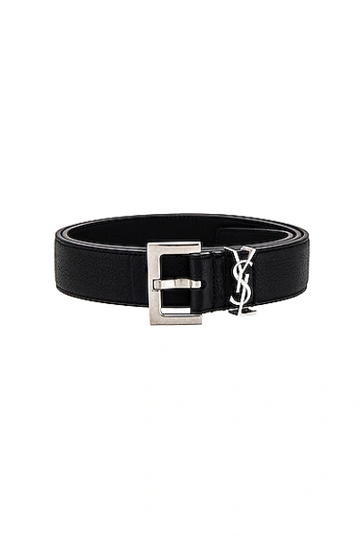 Saint Laurent Grained Leather Cassandre Thin Belt With Square Buckle Accessories In Black
