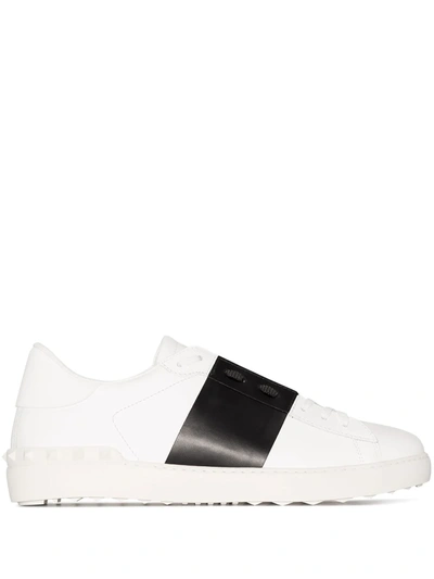 Valentino Garavani Navy Blue Leather Open Sneakers With Black Band In White