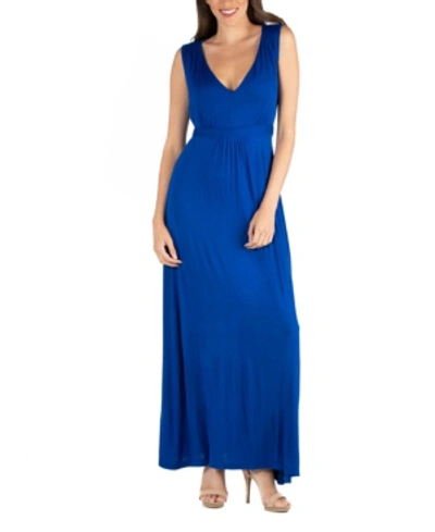 24seven Comfort Apparel V Neck Sleeveless Maternity Maxi Dress With Belt In Blue