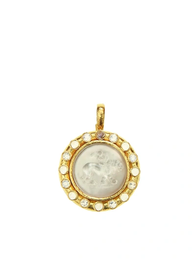 Elizabeth Locke Venetian Glass Intaglio 19k Yellow Gold, Moonstone & Crystal 'cupid Riding Lion' Pendant