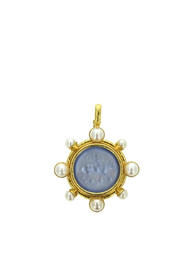 Elizabeth Locke Women's Venetian Glass Intaglio 19k Yellow Gold & 6-8mm Pearl 'cupid Riding Lion' Pendant In Blue