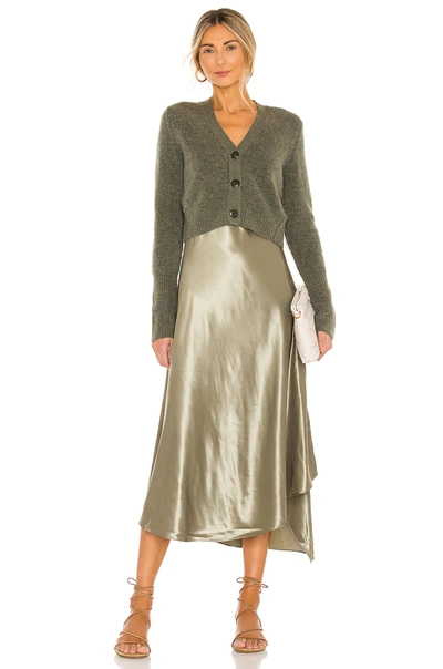 Allsaints Orri Cardigan-overlay Midi Wool-blend And Satin Midi Dress In Pale Olive/kha