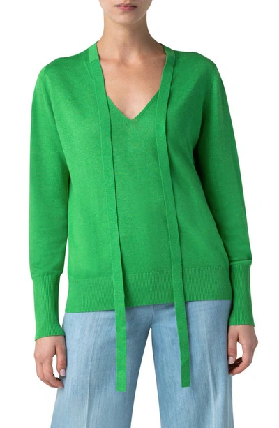Akris Punto Linen-blend V-neck Sweater W/ Tape Detail In Green