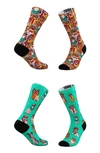 Tribe Socks Assorted 2-pack Hipster Cats & Hipster Pets Crew Socks In Teal Multi