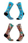 Tribe Socks Assorted 2-pack Hipster Pets & Hipster Dogs Crew Socks In Blue Stripe Multi