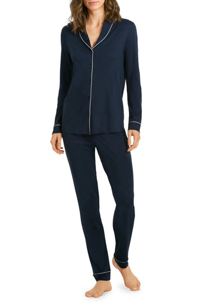 Hanro Natural Comfort 2-piece Long Pajama Set In Deep Navy