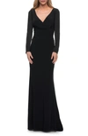 LA FEMME LONG SLEEVE RUCHED JERSEY GOWN,29924