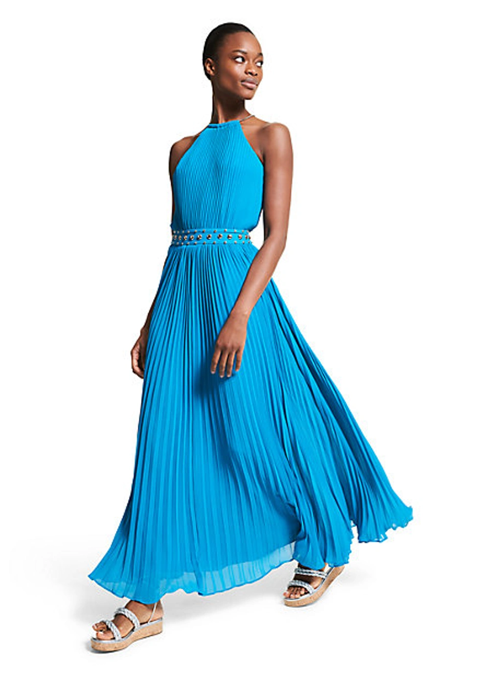 Michael Kors Pleated Georgette Halter Dress In Blue