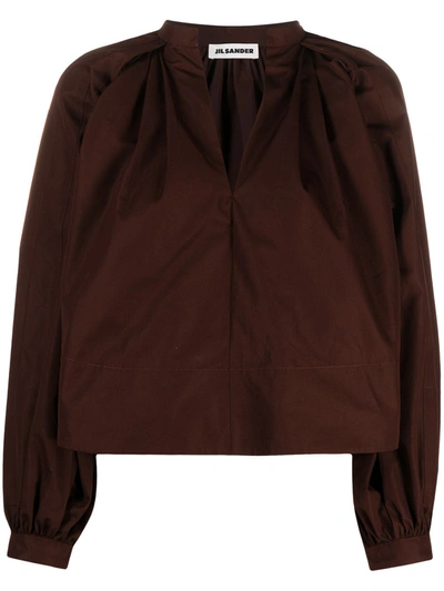 Jil Sander Puff Sleeve Cotton Shirt In Brown