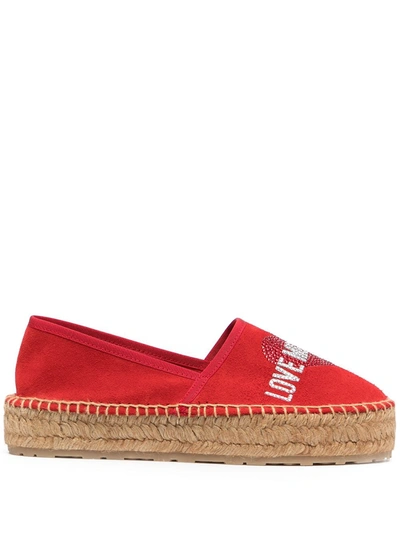 Love Moschino Rhinestone-logo Flatform Espadrilles In Red