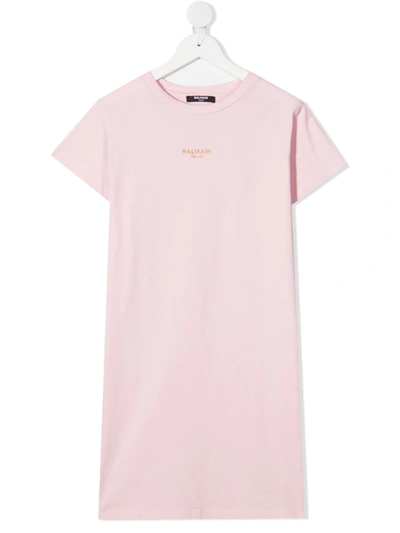 Balmain Teen Logo-embroidered T-shirt Dress In Pink