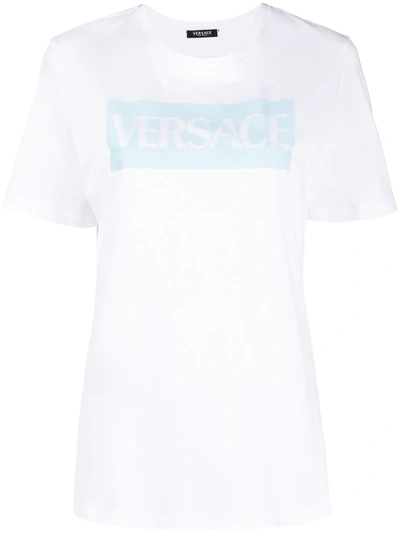 Versace White & Blue Flocked Logo T-shirt In White,light Blue