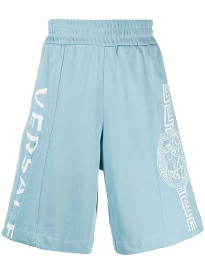 Versace Stitch Medusa Logo Sweat Shorts In Light Blue