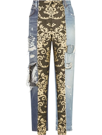 Dolce & Gabbana Cropped Patchwork Jeans In Blue,black,gold