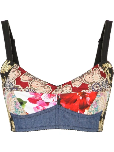 Dolce & Gabbana Patchwork Drill And Jacquard Denim Bustier Top In Black