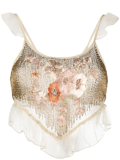 Amen Embellished Floral Mesh Cropped Top In Neutrals