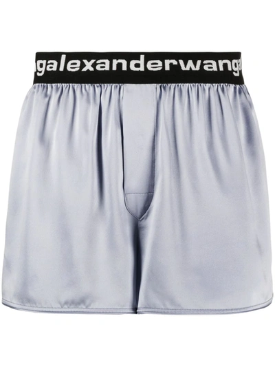 Alexander Wang T Blue Silk Logo Elastic Shorts