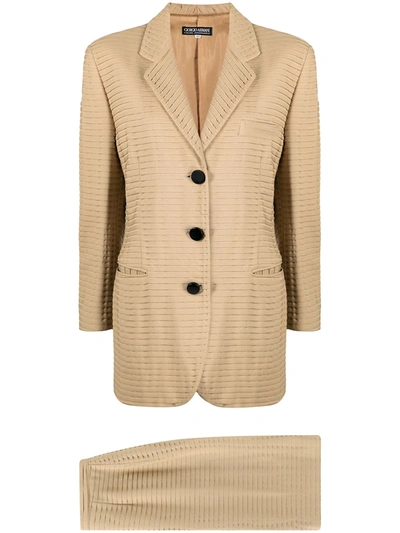 Pre-owned Giorgio Armani 1990s Ribbed Skirt Suit In Neutrals