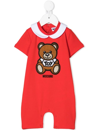 Moschino Babies' Embroidered Teddy Bear Romper In 红色