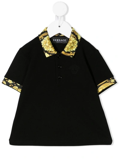 Young Versace Babies' Baroque Trim Polo Shirt In 黑色