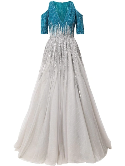 Saiid Kobeisy Cold Shoulder Long Tulle Gown In Blue