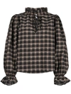Ganni Seersucker Check Long-sleeve Blouse In Brown