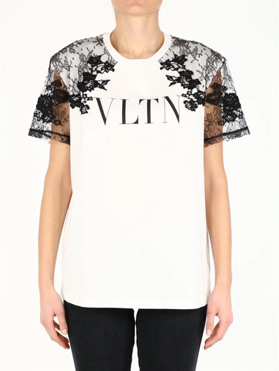 Valentino Womens Bianco/nero Logo-print Lace-trimmed Cotton-jersey T-shirt Xxs In White