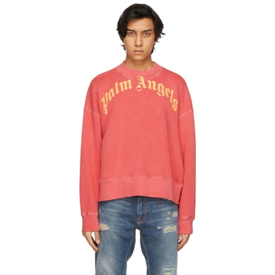 Palm Angels Vintage Wash Curved Logo Crew Red Yellow In Red