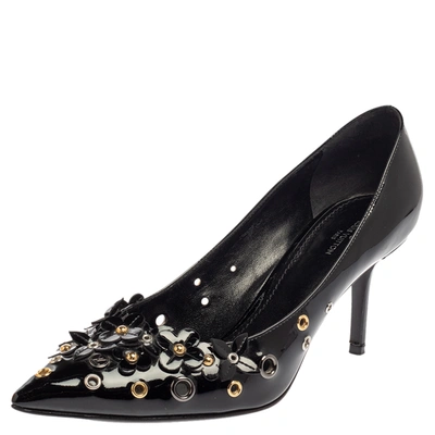 Pre-owned Louis Vuitton Black Patent Leather Applique Embellished Pointed Toe Pumps Size 38.5