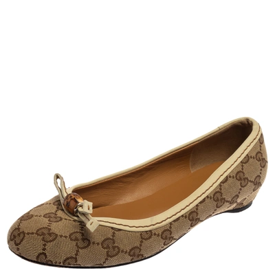 Pre-owned Gucci Brown/beige Gg Canvas Bamboo Tassel Ballet Flats Size 38