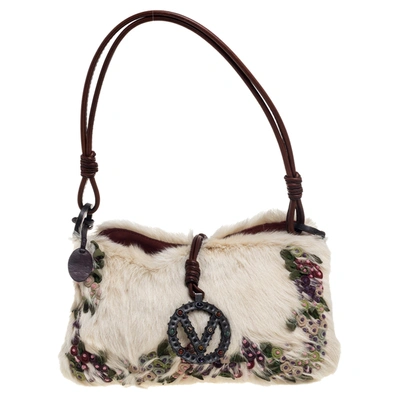 バッグ Valentino Fur Floral Applique Shoulder Pre-owned Valentino Garavani Off White Fur Floral Applique Charm