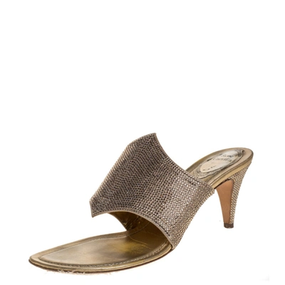 Pre-owned René Caovilla Rene Caovilla Metallic Gold Satin Crystal Embellished Slide Sandals Size 38