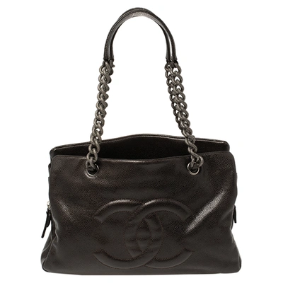 Pre-owned Chanel Dark Brown Caviar Leather Cc Chain Tote