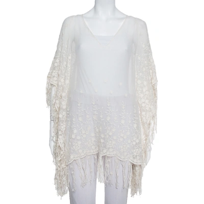 Pre-owned Alice And Olivia Cream Embroidered Tassel Detail Sheer Kaftan Top Xs/s