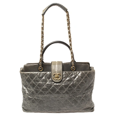 Pre-owned Chanel Grey Quilted Leather And Stingray Cc Bindi Shopper Tote