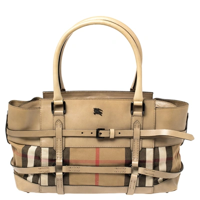 Pre-owned Burberry Beige Leather And House Check Canvas Bridle Satchel