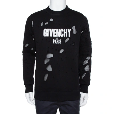 Pre-owned Givenchy Black Knit Logo Printed Distressed Sweatshirt S