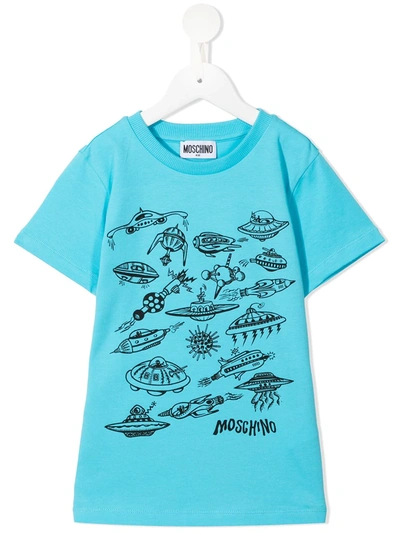 Moschino Kids' Spaceship Logo Print T-shirt In Blue