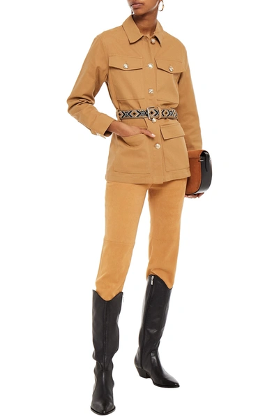 Maje Belted Bead-embellished Cotton-blend Gabardine Jacket In Camel