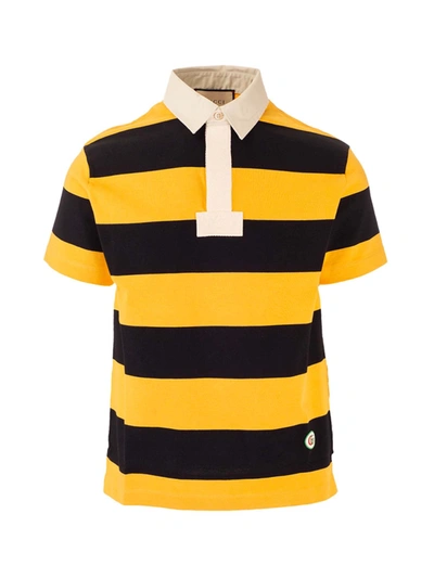 Gucci Yellow & Black Cotton Striped Patch Polo In 7121 Zestbk