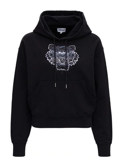 Kenzo Jersey Hoodie With Tiger Embroidery In Black,grey